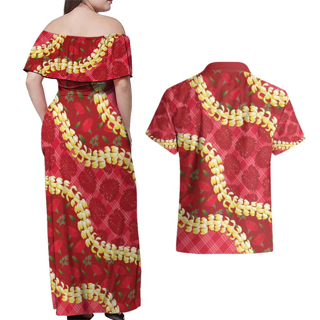 Red Palaka Hawaii Mele Kalikimaka Couples Matching Off Shoulder Maxi Dress and Hawaiian Shirt Ohia Lehua Monstera Puakenikeni Lei LT14 - Polynesian Pride
