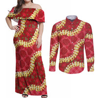 Red Palaka Hawaii Mele Kalikimaka Couples Matching Off Shoulder Maxi Dress and Long Sleeve Button Shirt Ohia Lehua Monstera Puakenikeni Lei LT14 Red - Polynesian Pride
