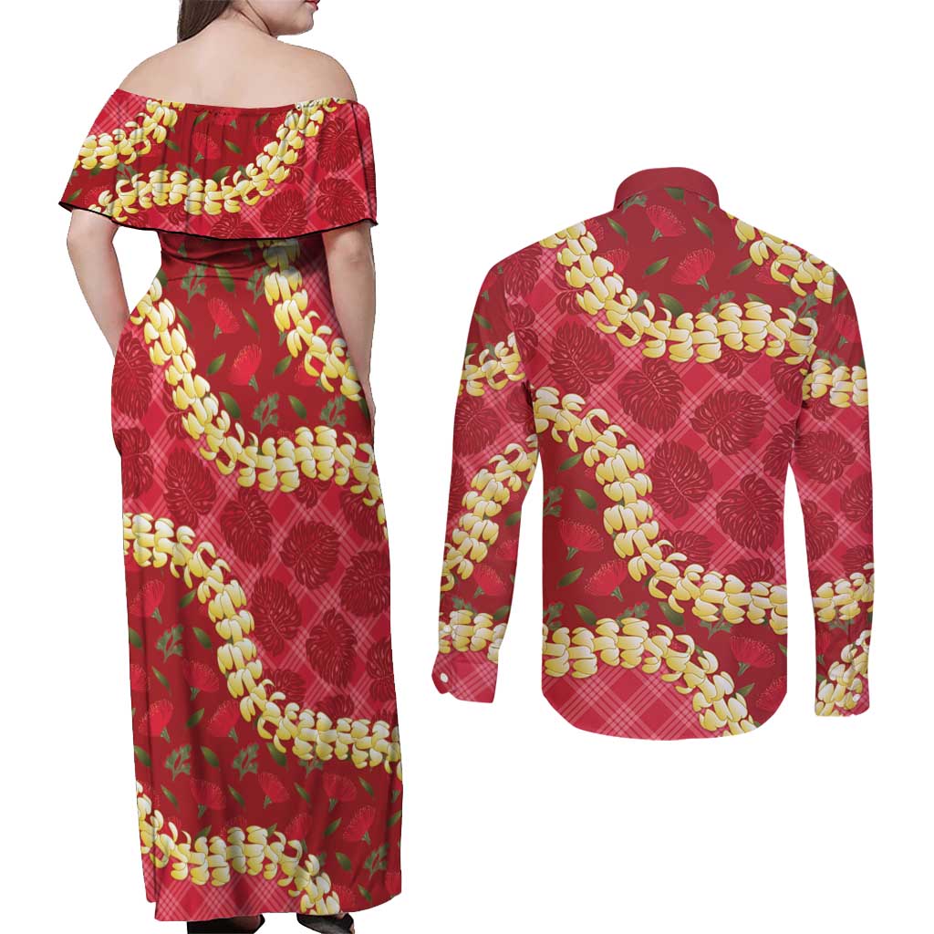 Red Palaka Hawaii Mele Kalikimaka Couples Matching Off Shoulder Maxi Dress and Long Sleeve Button Shirt Ohia Lehua Monstera Puakenikeni Lei LT14 - Polynesian Pride