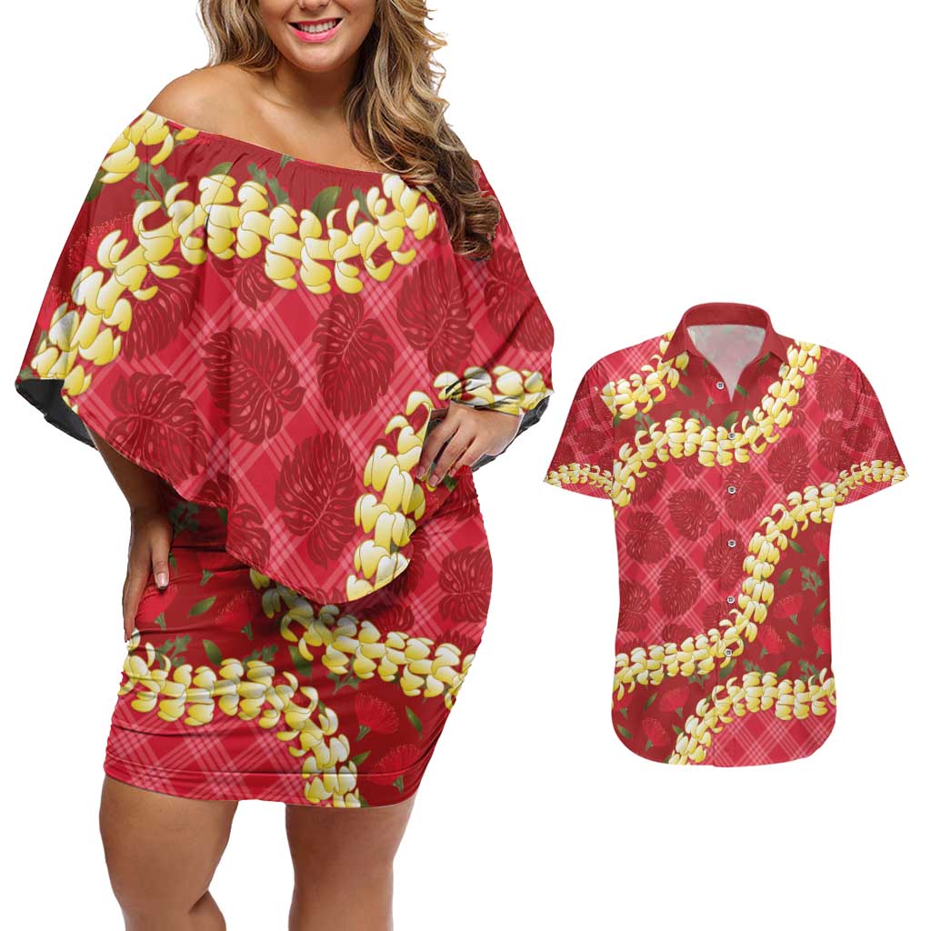 Red Palaka Hawaii Mele Kalikimaka Couples Matching Off Shoulder Short Dress and Hawaiian Shirt Ohia Lehua Monstera Puakenikeni Lei LT14 Red - Polynesian Pride