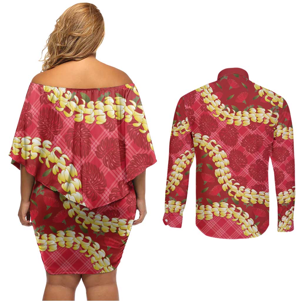 Red Palaka Hawaii Mele Kalikimaka Couples Matching Off Shoulder Short Dress and Long Sleeve Button Shirt Ohia Lehua Monstera Puakenikeni Lei LT14 - Polynesian Pride