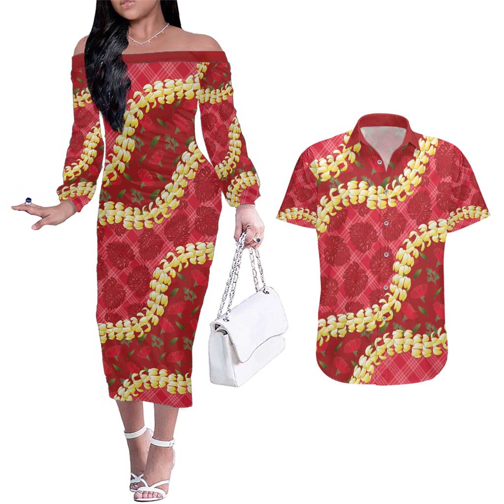 Red Palaka Hawaii Mele Kalikimaka Couples Matching Off The Shoulder Long Sleeve Dress and Hawaiian Shirt Ohia Lehua Monstera Puakenikeni Lei LT14 Red - Polynesian Pride