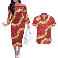 Red Palaka Hawaii Mele Kalikimaka Couples Matching Off The Shoulder Long Sleeve Dress and Hawaiian Shirt Ohia Lehua Monstera Puakenikeni Lei LT14 Red - Polynesian Pride