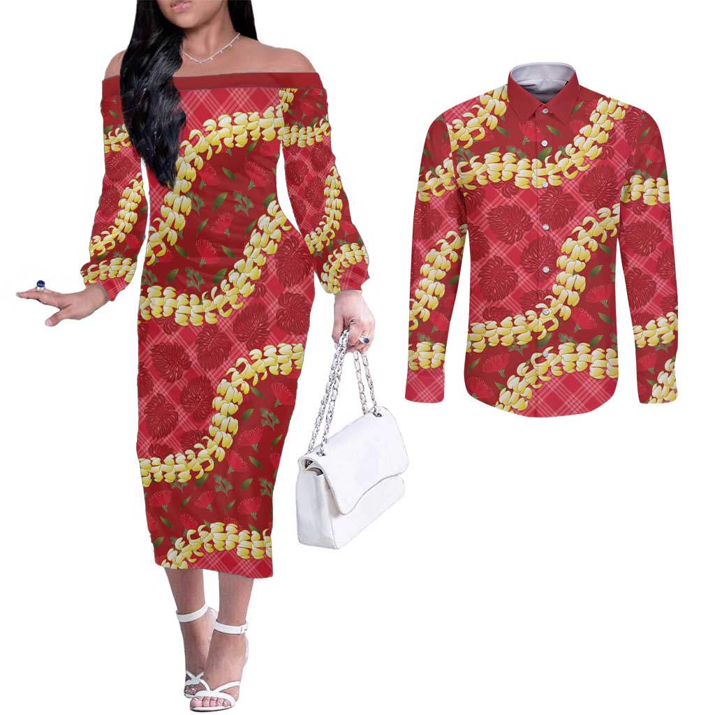 Red Palaka Hawaii Mele Kalikimaka Couples Matching Off The Shoulder Long Sleeve Dress and Long Sleeve Button Shirt Ohia Lehua Monstera Puakenikeni Lei LT14 Red - Polynesian Pride