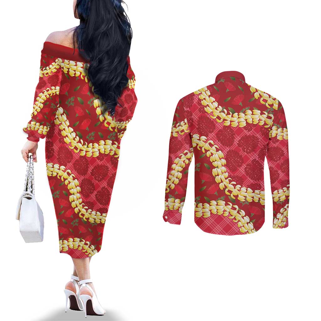 Red Palaka Hawaii Mele Kalikimaka Couples Matching Off The Shoulder Long Sleeve Dress and Long Sleeve Button Shirt Ohia Lehua Monstera Puakenikeni Lei LT14 - Polynesian Pride