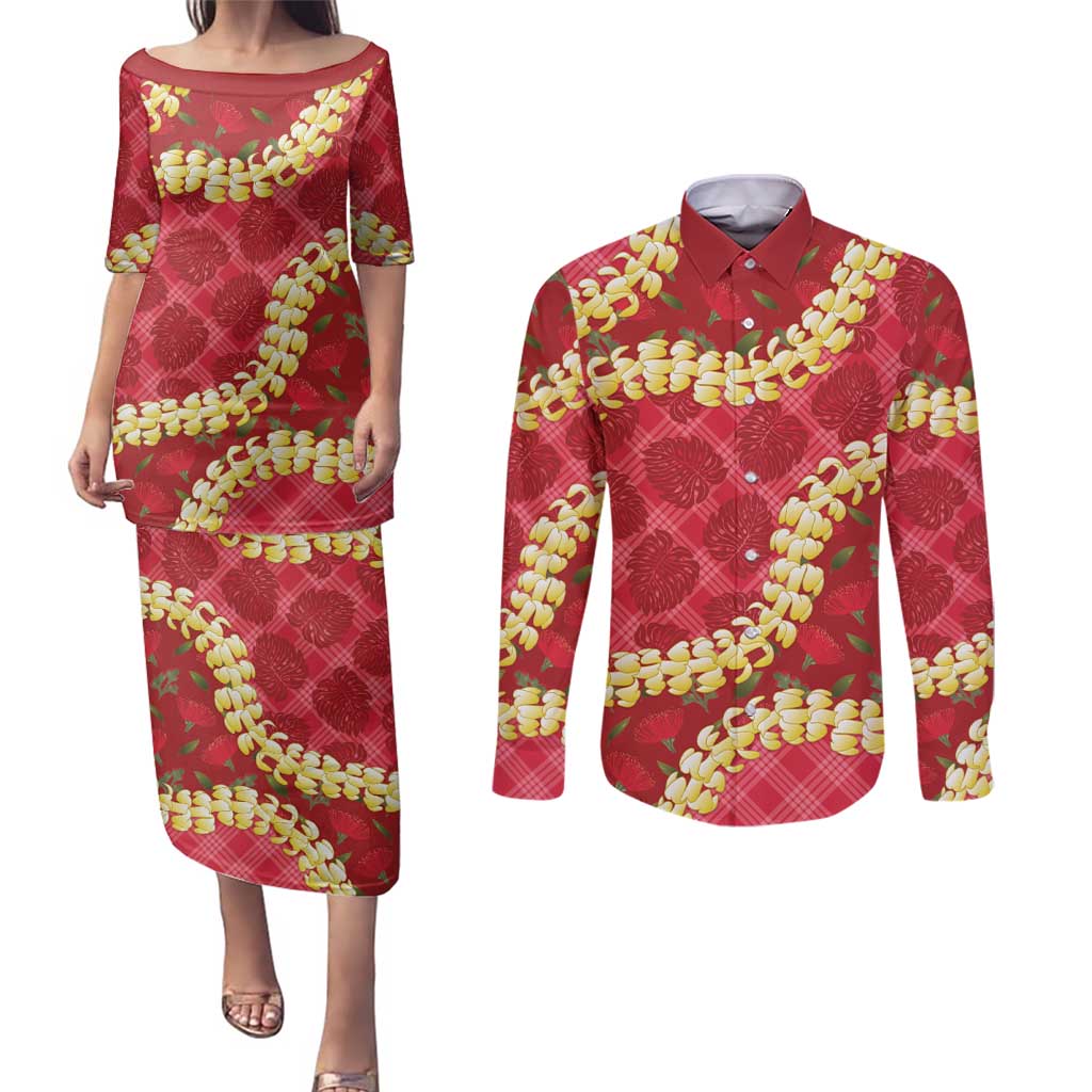Red Palaka Hawaii Mele Kalikimaka Couples Matching Puletasi and Long Sleeve Button Shirt Ohia Lehua Monstera Puakenikeni Lei LT14 Red - Polynesian Pride