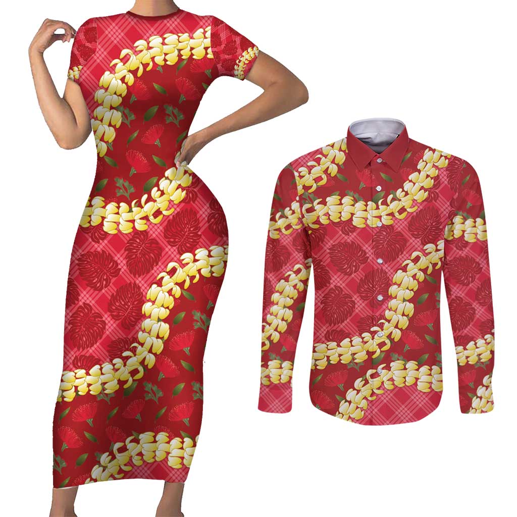 Red Palaka Hawaii Mele Kalikimaka Couples Matching Short Sleeve Bodycon Dress and Long Sleeve Button Shirt Ohia Lehua Monstera Puakenikeni Lei LT14 Red - Polynesian Pride