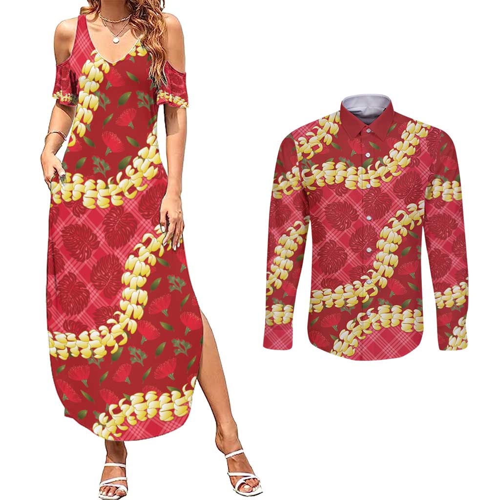 Red Palaka Hawaii Mele Kalikimaka Couples Matching Summer Maxi Dress and Long Sleeve Button Shirt Ohia Lehua Monstera Puakenikeni Lei LT14 Red - Polynesian Pride