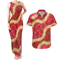Red Palaka Hawaii Mele Kalikimaka Couples Matching Tank Maxi Dress and Hawaiian Shirt Ohia Lehua Monstera Puakenikeni Lei LT14 Red - Polynesian Pride