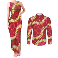 Red Palaka Hawaii Mele Kalikimaka Couples Matching Tank Maxi Dress and Long Sleeve Button Shirt Ohia Lehua Monstera Puakenikeni Lei LT14 Red - Polynesian Pride