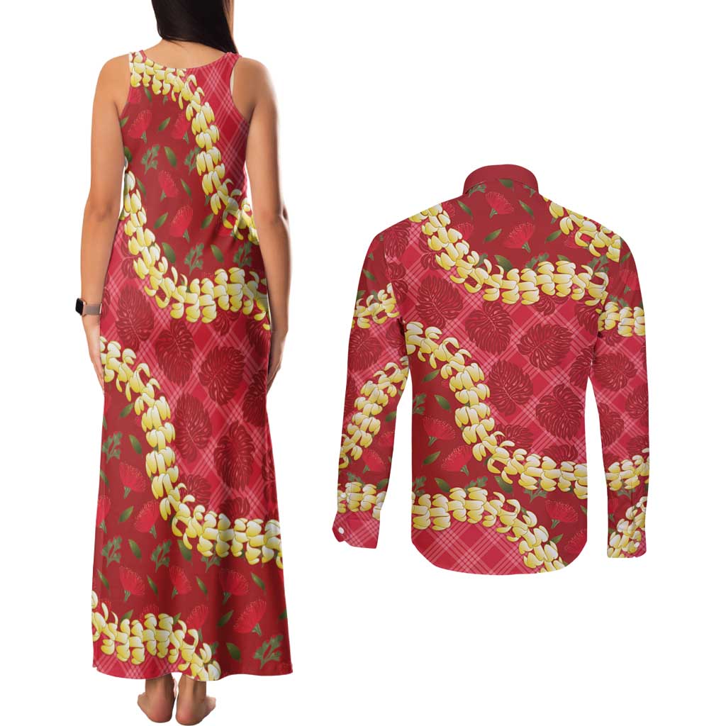 Red Palaka Hawaii Mele Kalikimaka Couples Matching Tank Maxi Dress and Long Sleeve Button Shirt Ohia Lehua Monstera Puakenikeni Lei LT14 - Polynesian Pride