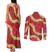 Red Palaka Hawaii Mele Kalikimaka Couples Matching Tank Maxi Dress and Long Sleeve Button Shirt Ohia Lehua Monstera Puakenikeni Lei LT14 - Polynesian Pride