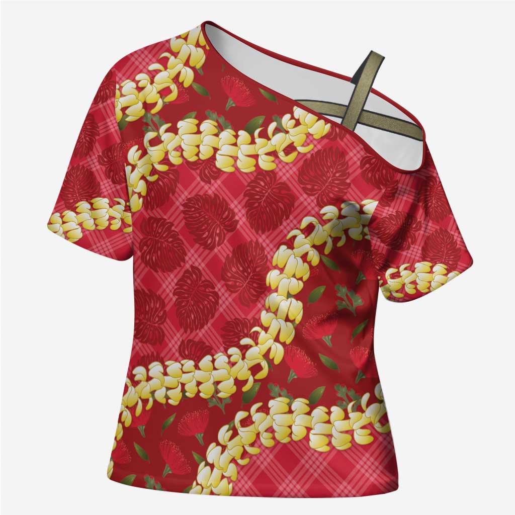 Red Palaka Hawaii Mele Kalikimaka Cross Shoulder Shirt Ohia Lehua Monstera Puakenikeni Lei LT14 Female Red - Polynesian Pride