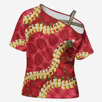 Red Palaka Hawaii Mele Kalikimaka Cross Shoulder Shirt Ohia Lehua Monstera Puakenikeni Lei LT14 Female Red - Polynesian Pride