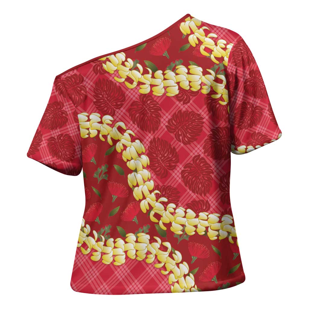 Red Palaka Hawaii Mele Kalikimaka Cross Shoulder Shirt Ohia Lehua Monstera Puakenikeni Lei LT14 - Polynesian Pride