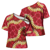 Red Palaka Hawaii Mele Kalikimaka Cross Shoulder Shirt Ohia Lehua Monstera Puakenikeni Lei LT14 - Polynesian Pride