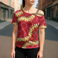 Red Palaka Hawaii Mele Kalikimaka Cross Shoulder Shirt Ohia Lehua Monstera Puakenikeni Lei LT14 - Polynesian Pride