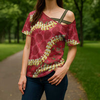Red Palaka Hawaii Mele Kalikimaka Cross Shoulder Shirt Ohia Lehua Monstera Puakenikeni Lei LT14 - Polynesian Pride