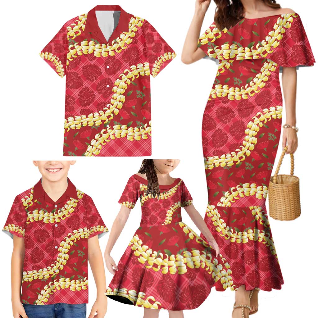 Red Palaka Hawaii Mele Kalikimaka Family Matching Mermaid Dress and Hawaiian Shirt Ohia Lehua Monstera Puakenikeni Lei LT14 - Polynesian Pride