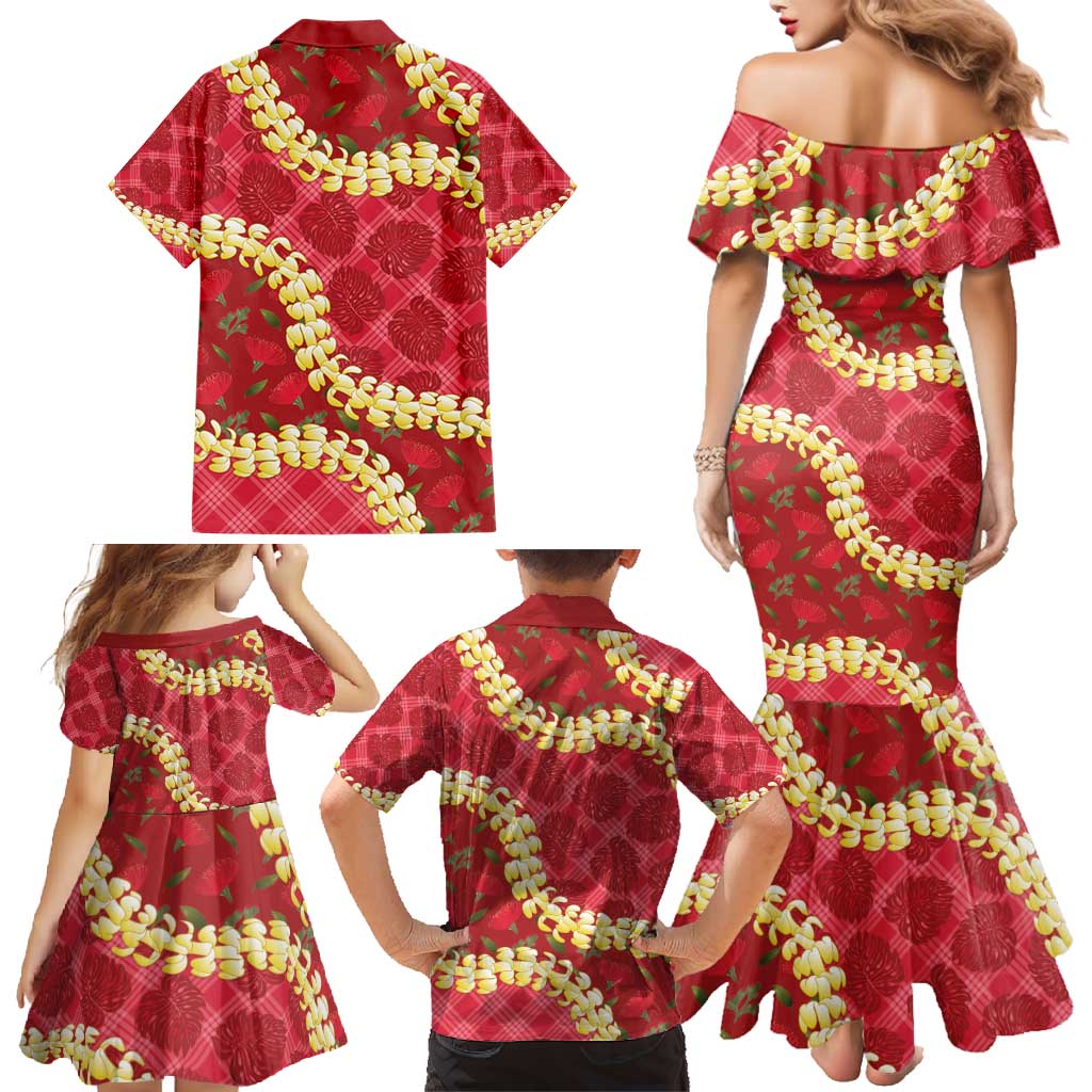Red Palaka Hawaii Mele Kalikimaka Family Matching Mermaid Dress and Hawaiian Shirt Ohia Lehua Monstera Puakenikeni Lei LT14 - Polynesian Pride