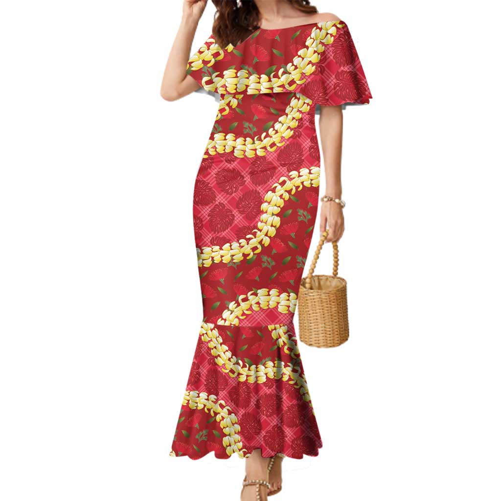 Red Palaka Hawaii Mele Kalikimaka Family Matching Mermaid Dress and Hawaiian Shirt Ohia Lehua Monstera Puakenikeni Lei LT14 Mom's Dress Red - Polynesian Pride