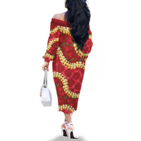 Red Palaka Hawaii Mele Kalikimaka Family Matching Off The Shoulder Long Sleeve Dress and Hawaiian Shirt Ohia Lehua Monstera Puakenikeni Lei LT14 - Polynesian Pride