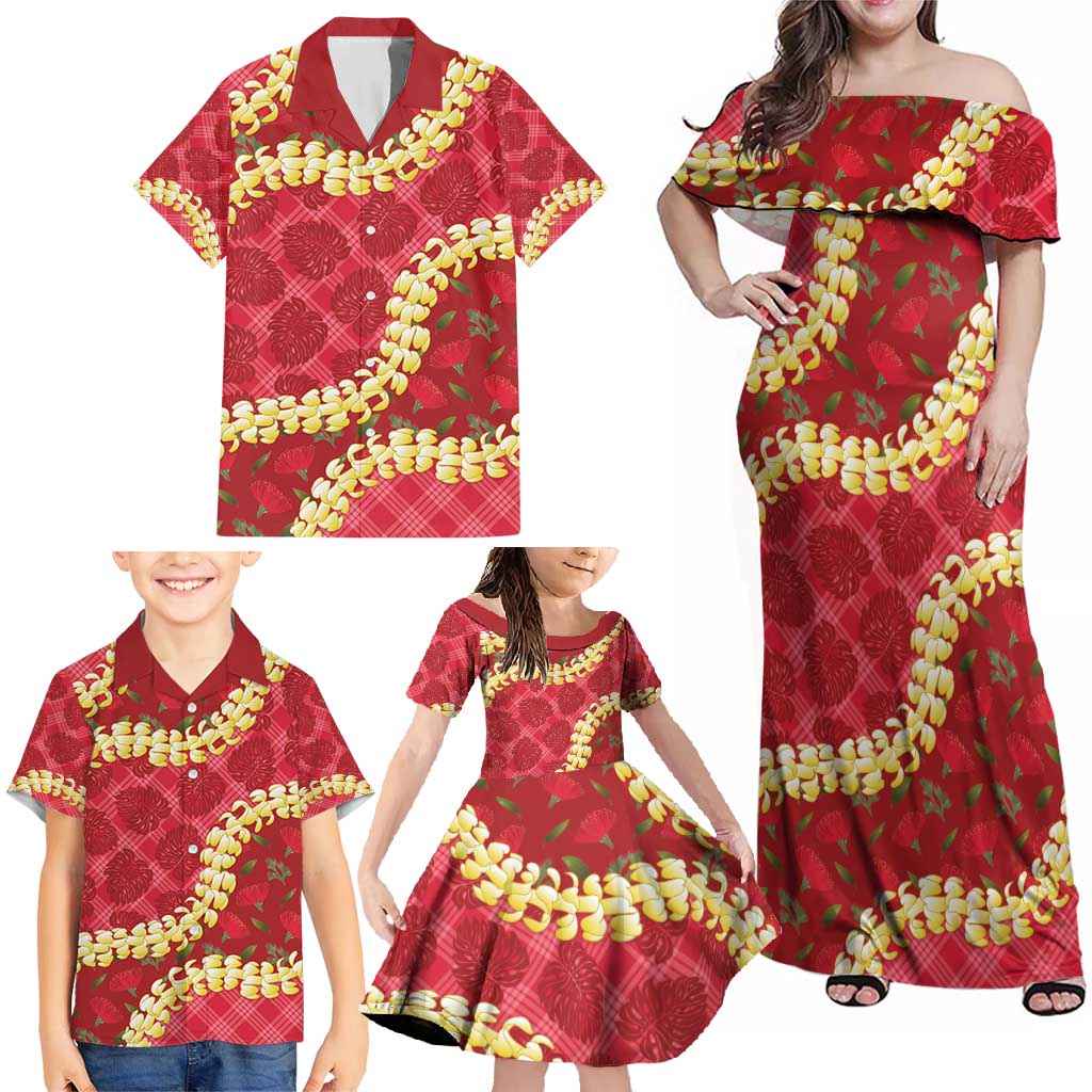 Red Palaka Hawaii Mele Kalikimaka Family Matching Off Shoulder Maxi Dress and Hawaiian Shirt Ohia Lehua Monstera Puakenikeni Lei LT14 - Polynesian Pride