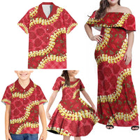 Red Palaka Hawaii Mele Kalikimaka Family Matching Off Shoulder Maxi Dress and Hawaiian Shirt Ohia Lehua Monstera Puakenikeni Lei LT14 - Polynesian Pride