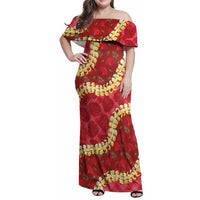 Red Palaka Hawaii Mele Kalikimaka Family Matching Off Shoulder Maxi Dress and Hawaiian Shirt Ohia Lehua Monstera Puakenikeni Lei LT14 Mom's Dress Red - Polynesian Pride
