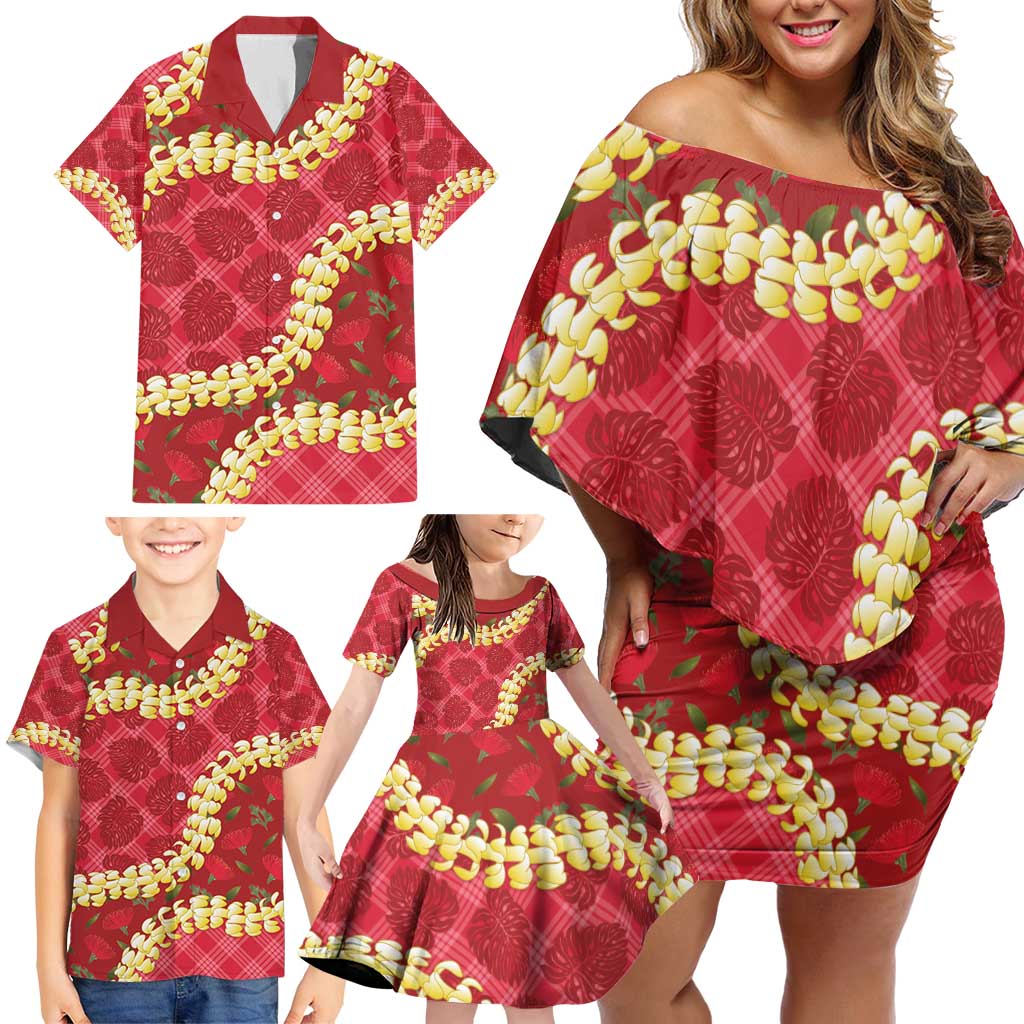 Red Palaka Hawaii Mele Kalikimaka Family Matching Off Shoulder Short Dress and Hawaiian Shirt Ohia Lehua Monstera Puakenikeni Lei LT14 - Polynesian Pride