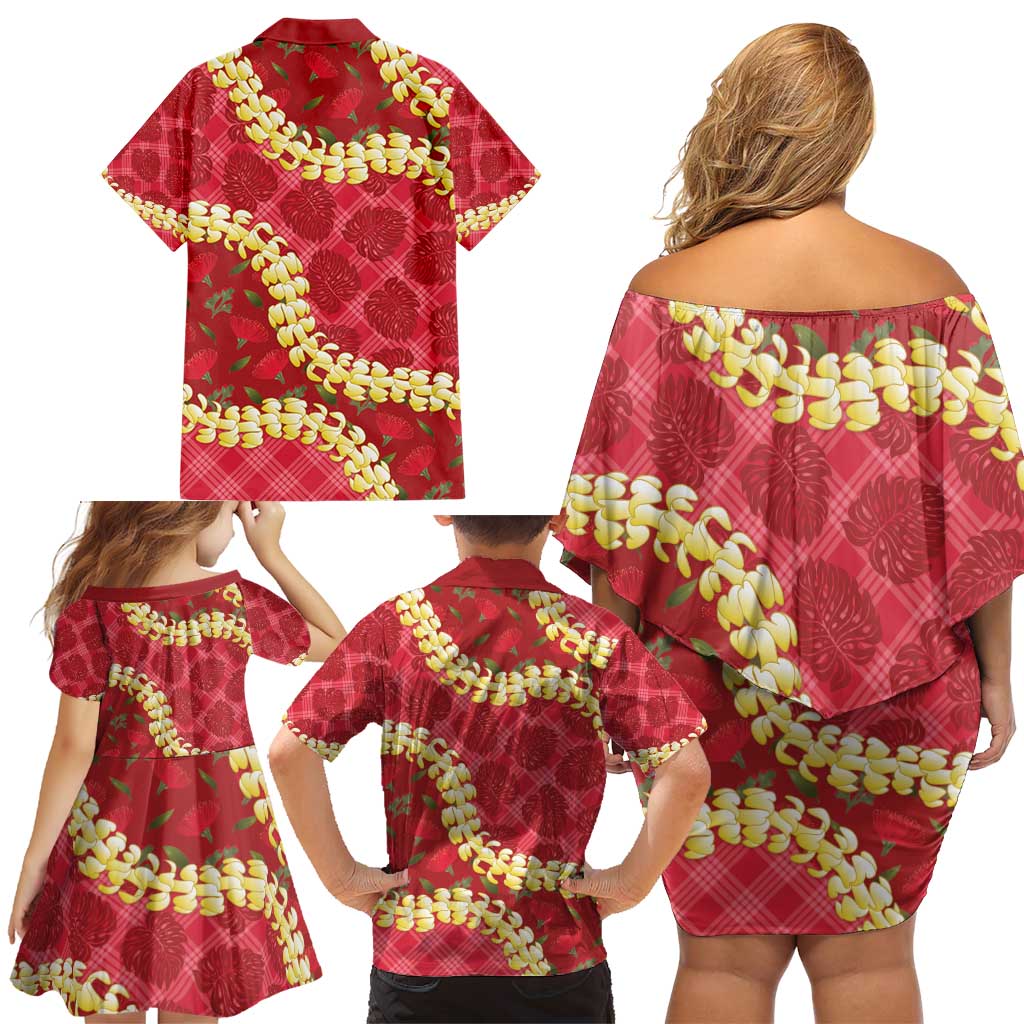 Red Palaka Hawaii Mele Kalikimaka Family Matching Off Shoulder Short Dress and Hawaiian Shirt Ohia Lehua Monstera Puakenikeni Lei LT14 - Polynesian Pride