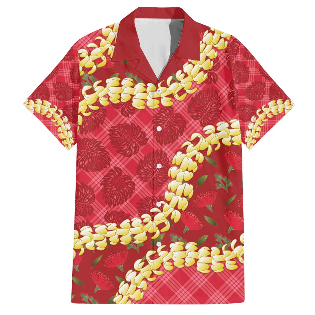 Red Palaka Hawaii Mele Kalikimaka Family Matching Off Shoulder Short Dress and Hawaiian Shirt Ohia Lehua Monstera Puakenikeni Lei LT14 Dad's Shirt - Short Sleeve Red - Polynesian Pride