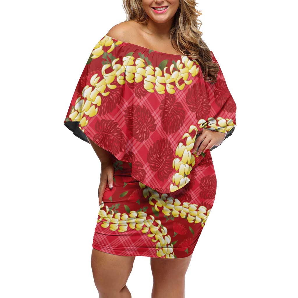 Red Palaka Hawaii Mele Kalikimaka Family Matching Off Shoulder Short Dress and Hawaiian Shirt Ohia Lehua Monstera Puakenikeni Lei LT14 Mom's Dress Red - Polynesian Pride