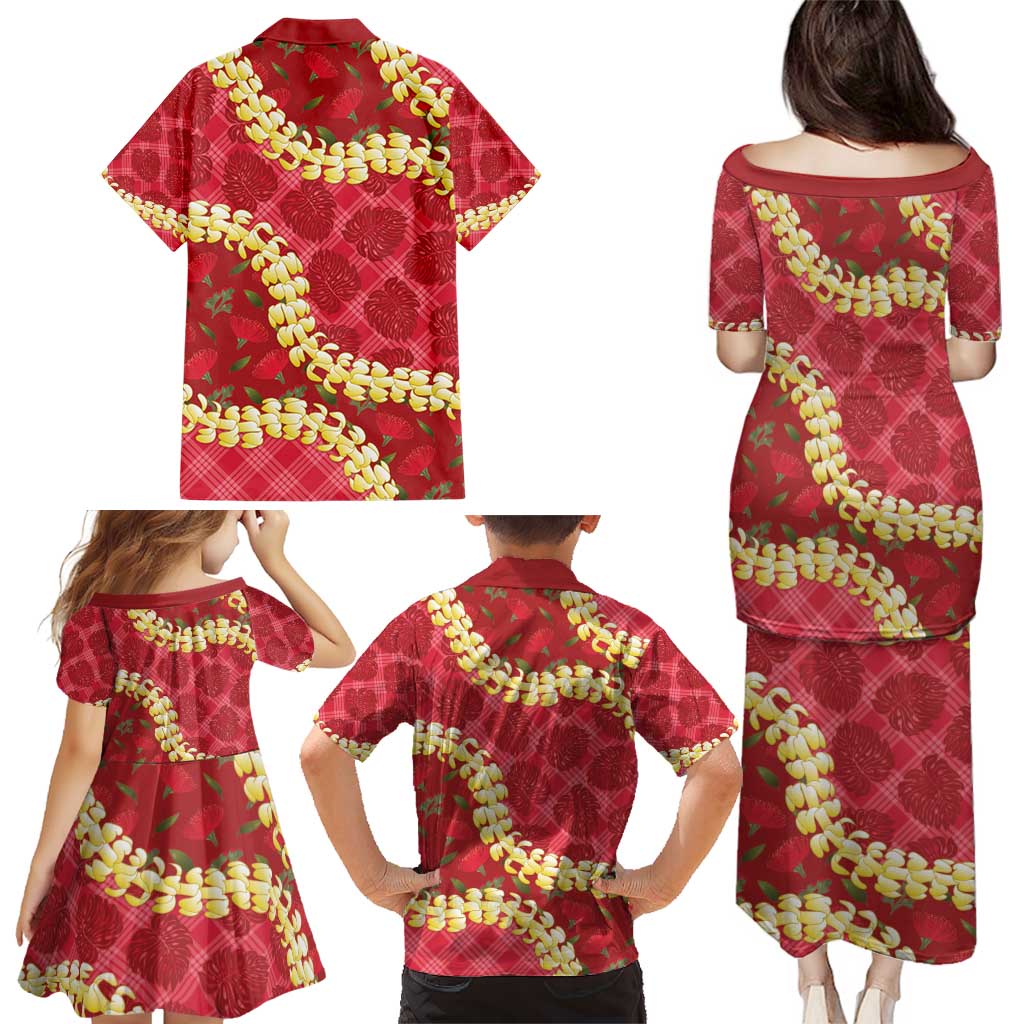 Red Palaka Hawaii Mele Kalikimaka Family Matching Puletasi and Hawaiian Shirt Ohia Lehua Monstera Puakenikeni Lei LT14 - Polynesian Pride