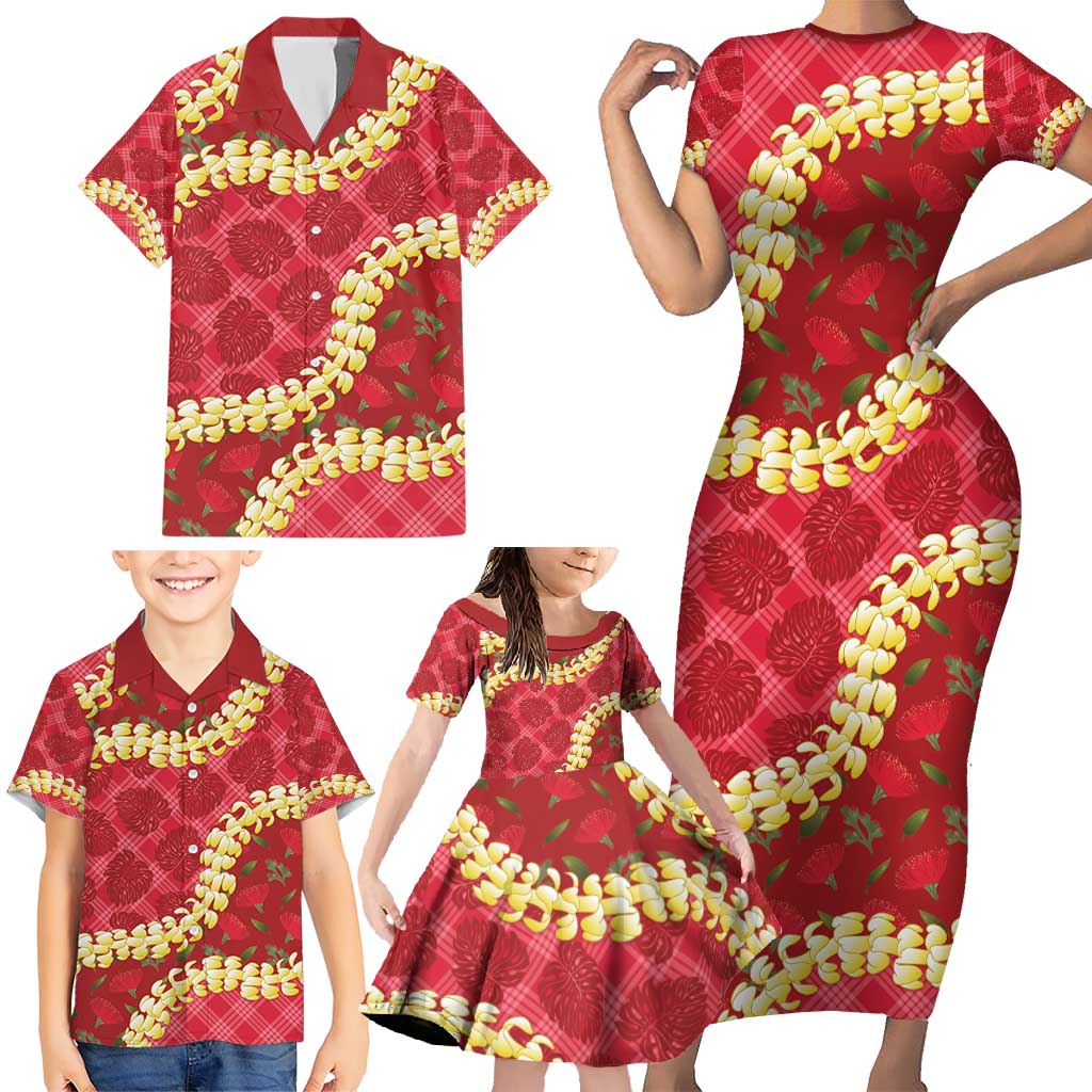Red Palaka Hawaii Mele Kalikimaka Family Matching Short Sleeve Bodycon Dress and Hawaiian Shirt Ohia Lehua Monstera Puakenikeni Lei LT14 - Polynesian Pride