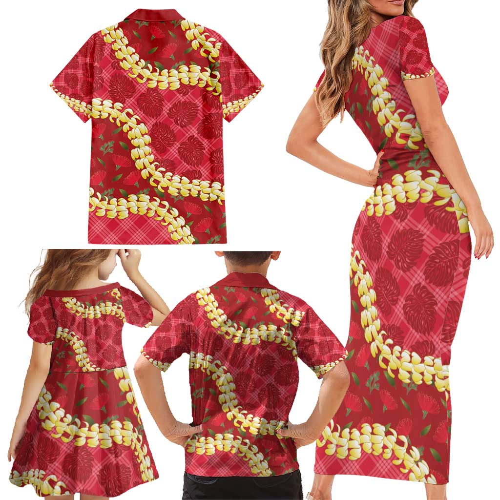 Red Palaka Hawaii Mele Kalikimaka Family Matching Short Sleeve Bodycon Dress and Hawaiian Shirt Ohia Lehua Monstera Puakenikeni Lei LT14 - Polynesian Pride