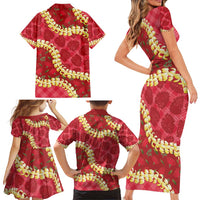Red Palaka Hawaii Mele Kalikimaka Family Matching Short Sleeve Bodycon Dress and Hawaiian Shirt Ohia Lehua Monstera Puakenikeni Lei LT14 - Polynesian Pride