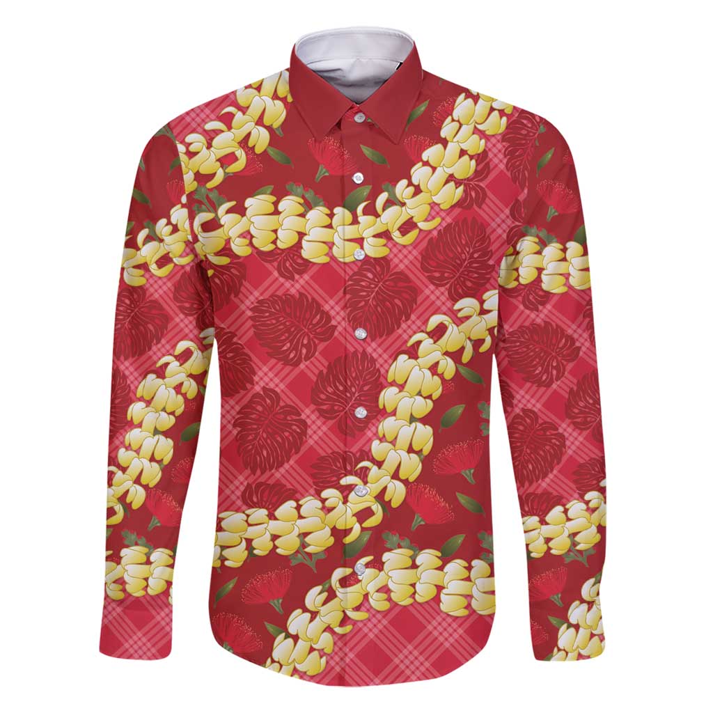 Red Palaka Hawaii Mele Kalikimaka Family Matching Summer Maxi Dress and Hawaiian Shirt Ohia Lehua Monstera Puakenikeni Lei LT14 Dad's Shirt - Long Sleeve Red - Polynesian Pride