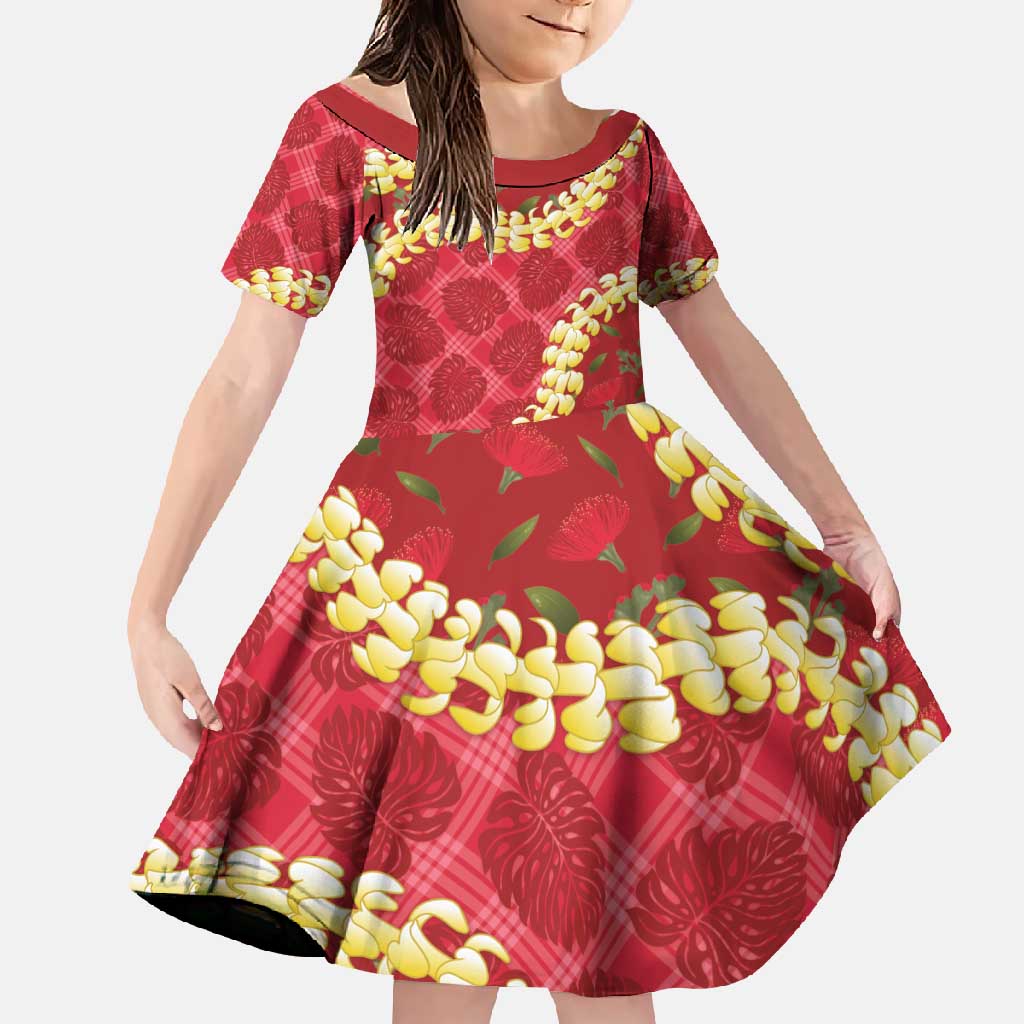 Red Palaka Hawaii Mele Kalikimaka Family Matching Tank Maxi Dress and Hawaiian Shirt Ohia Lehua Monstera Puakenikeni Lei LT14 Daughter's Dress Red - Polynesian Pride