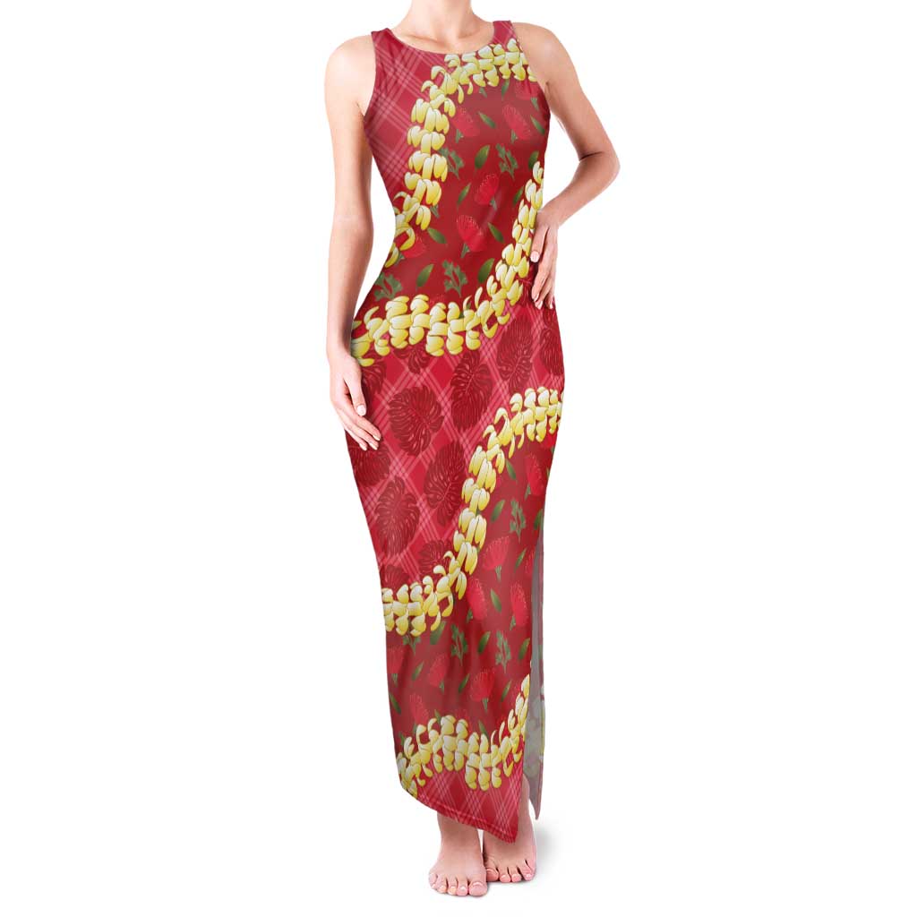Red Palaka Hawaii Mele Kalikimaka Family Matching Tank Maxi Dress and Hawaiian Shirt Ohia Lehua Monstera Puakenikeni Lei LT14 Mom's Dress Red - Polynesian Pride