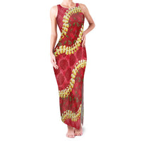 Red Palaka Hawaii Mele Kalikimaka Family Matching Tank Maxi Dress and Hawaiian Shirt Ohia Lehua Monstera Puakenikeni Lei LT14 Mom's Dress Red - Polynesian Pride