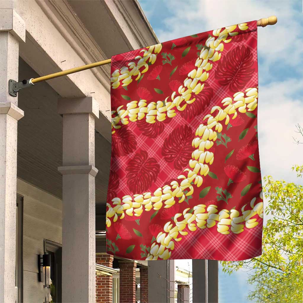 Red Palaka Hawaii Mele Kalikimaka Garden Flag Ohia Lehua Monstera Puakenikeni Lei LT14 House Flag Red - Polynesian Pride