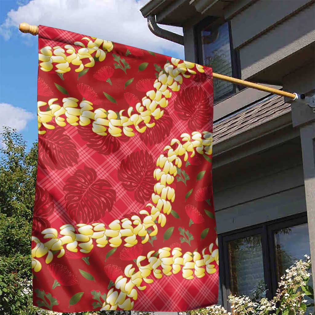 Red Palaka Hawaii Mele Kalikimaka Garden Flag Ohia Lehua Monstera Puakenikeni Lei LT14 - Polynesian Pride