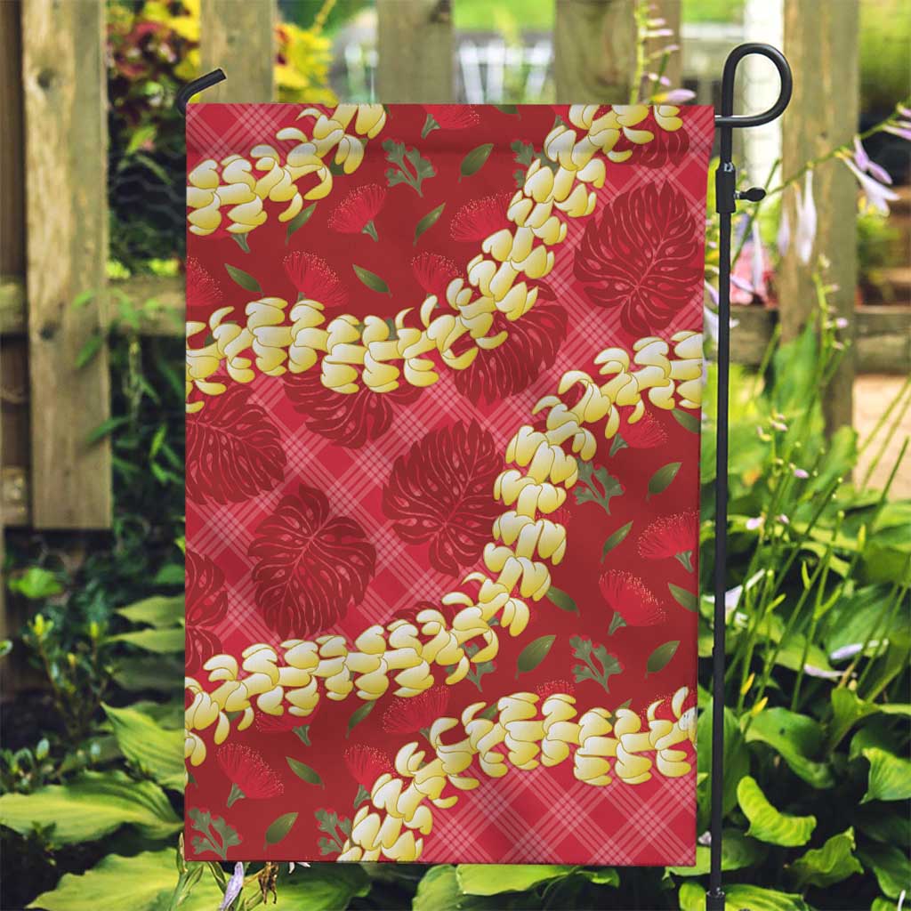 Red Palaka Hawaii Mele Kalikimaka Garden Flag Ohia Lehua Monstera Puakenikeni Lei LT14 Garden Flag Red - Polynesian Pride