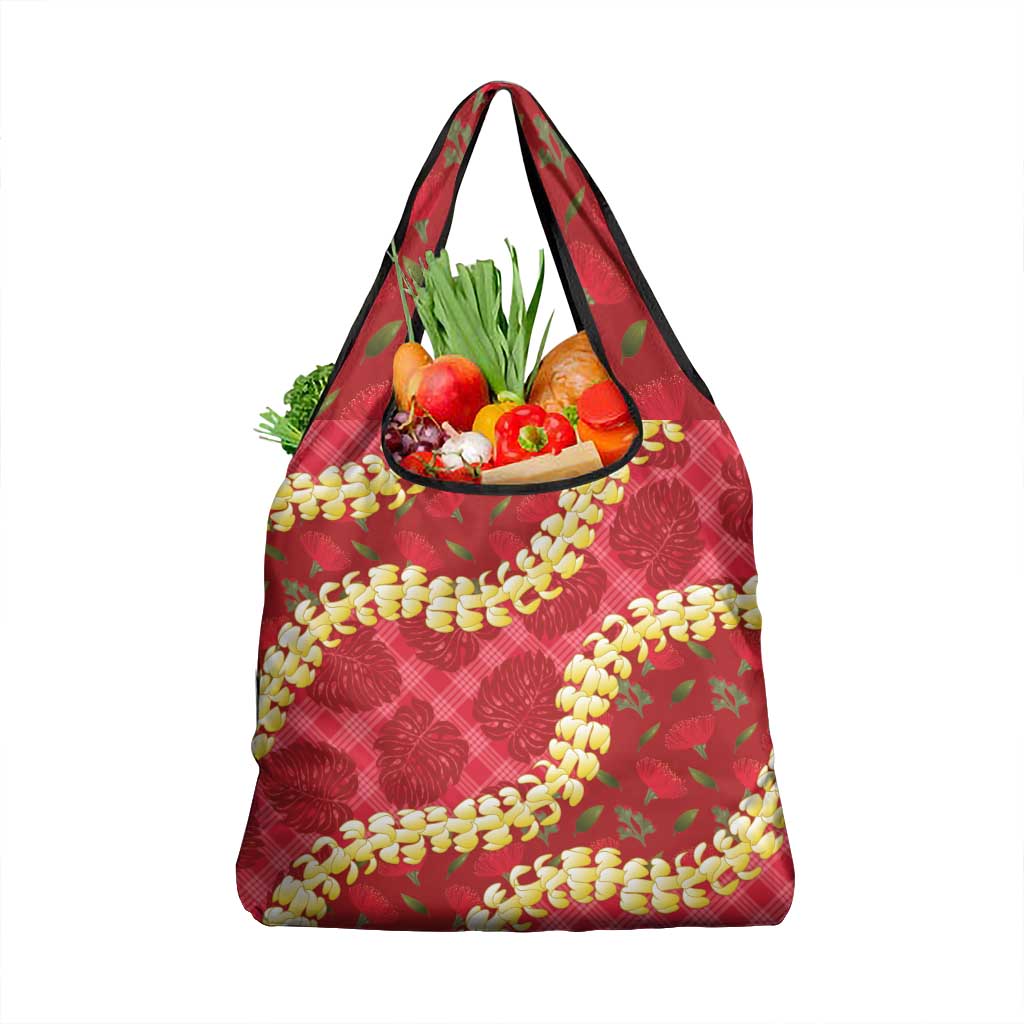 Red Palaka Hawaii Mele Kalikimaka Grocery Bag Ohia Lehua Monstera Puakenikeni Lei LT14 1-pack One Size Red - Polynesian Pride