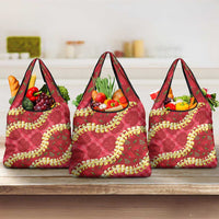 Red Palaka Hawaii Mele Kalikimaka Grocery Bag Ohia Lehua Monstera Puakenikeni Lei LT14 3-pack One Size Red - Polynesian Pride