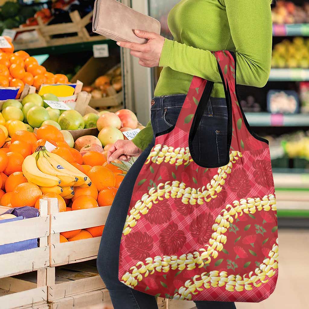 Red Palaka Hawaii Mele Kalikimaka Grocery Bag Ohia Lehua Monstera Puakenikeni Lei LT14 - Polynesian Pride