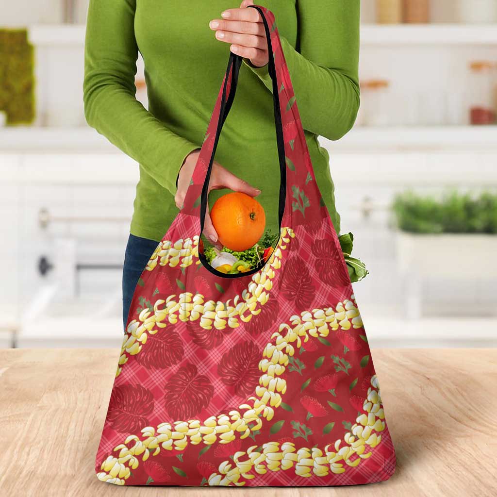 Red Palaka Hawaii Mele Kalikimaka Grocery Bag Ohia Lehua Monstera Puakenikeni Lei LT14 - Polynesian Pride