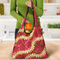 Red Palaka Hawaii Mele Kalikimaka Grocery Bag Ohia Lehua Monstera Puakenikeni Lei LT14 - Polynesian Pride