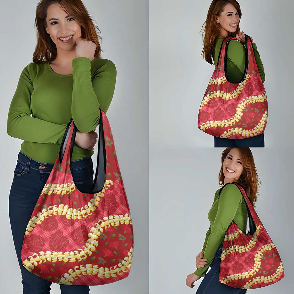 Red Palaka Hawaii Mele Kalikimaka Grocery Bag Ohia Lehua Monstera Puakenikeni Lei LT14 - Polynesian Pride